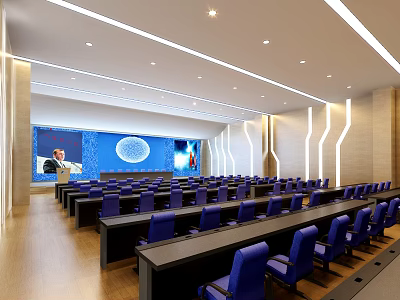 Modern Conference Room Interior Design With Blue Chairs Podium Large Screen And Speaker 3d model