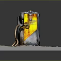 Vintage Industrial Equipment In Yellow Gray With Coiled Hoses And Metal Wheel On Textured Platform
