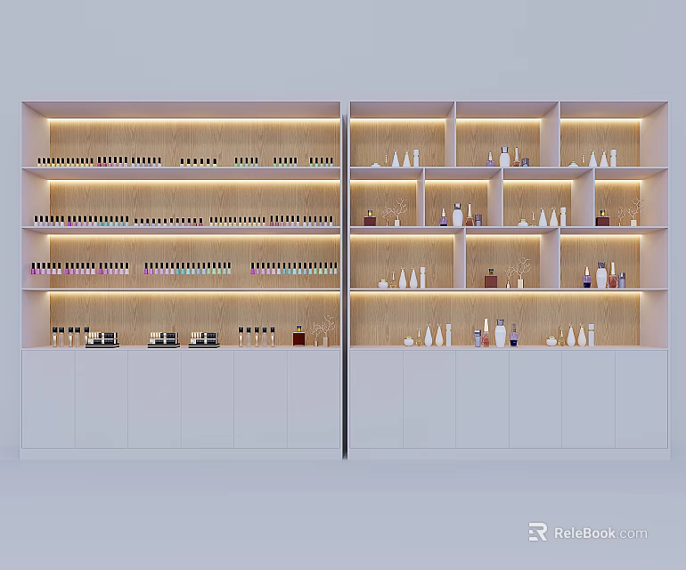 Wooden Display Shelves With Illuminated Layers And White Cabinets For Retail Products 3d model 