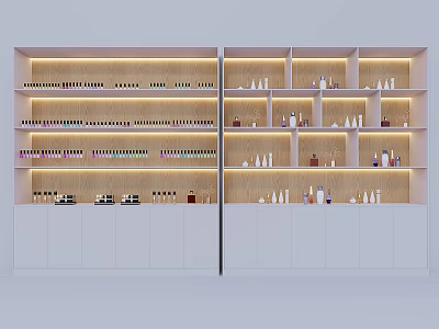 Wooden Display Shelves With Illuminated Layers And White Cabinets For Retail Products 3d model