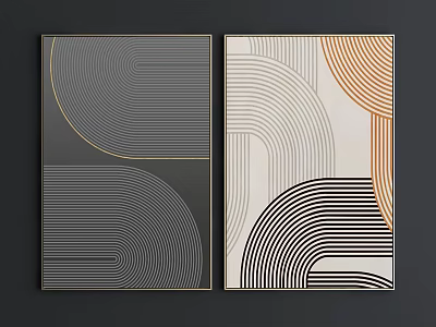 Modern Abstract Geometric Wall Art With Curved Lines Black White Gray Orange Tones 3d model