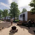 Scenic RV Guesthouse Architecture with Green Trees Grass Lawn and Wooden Entrance Outdoor Seating