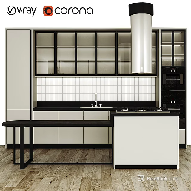 Modern Kitchen Featuring Black And White Cabinets With Glass Doors And White Tile Backsplash 3d model 