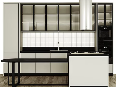 Modern Kitchen Featuring Black And White Cabinets With Glass Doors And White Tile Backsplash 3d model