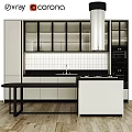 Modern Kitchen Featuring Black And White Cabinets With Glass Doors And White Tile Backsplash