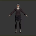 Woman With Silver Gray Hair In Purple Sweater Plaid Skirt Black Tights And Red Shoes