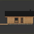Log Cabin Wooden Structure With Black Roof Chimney And Stone Foundation