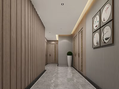 Modern Hotel Corridor With Wooden Gray Walls Decorative Paintings Green Plant And Marble Floor 3d model