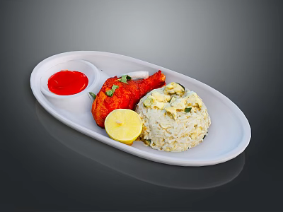 Roasted Chicken Leg With Fluffy Rice Lemon Slice And Red Sauce On White Plate 3d model