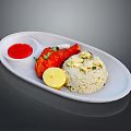 Roasted Chicken Leg With Fluffy Rice Lemon Slice And Red Sauce On White Plate