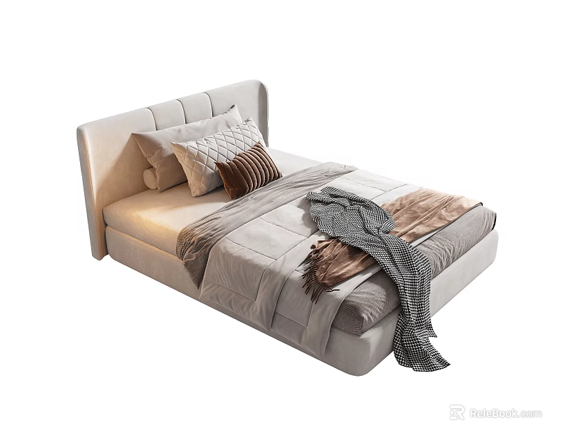 Modern Single Bed With Simple Headboard Comfortable Pillows And Soft Blanket 3d model 
