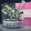 Elegant Wedding Tea Break Area With Floral Decorations Pink Backdrop And Decorative Table