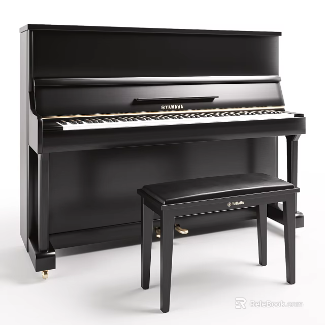 Black Yamaha Upright Piano With Matching Black Bench Classic Musical Instrument 3d model 