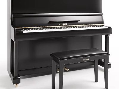 Black Yamaha Upright Piano With Matching Black Bench Classic Musical Instrument 3d model