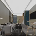Modern Living and Dining Room Interior with Sofa Coffee Table Bookshelf and Pendant Light