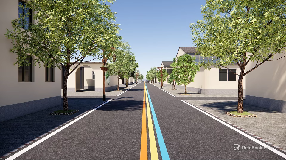 Road Facilities With Two Color Center Lines Trees Street Lamps And Buildings 3d model 