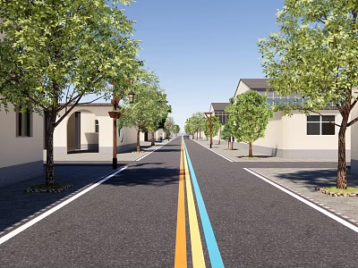 Road Facilities With Two Color Center Lines Trees Street Lamps And Buildings 3d model