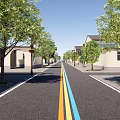 Road Facilities With Two Color Center Lines Trees Street Lamps And Buildings