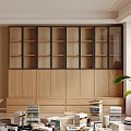 Wooden Bookcase With Shelves Books Decor Items Desk Chair Bench And Plant For Home Office