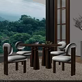 Round Wooden Dining Table Set With Four Upholstered Chairs And Forest View