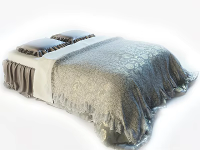 Elegant Double Bed With Patterned Quilt Soft Pillows And Lace Trim 3d model