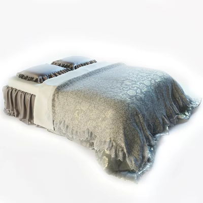 Elegant Double Bed With Patterned Quilt Soft Pillows And Lace Trim 3d model