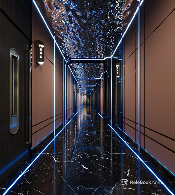 Modern Elevator Corridor With Blue Neon Lights And Marble Floor 3d model 