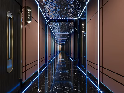 Modern Elevator Corridor With Blue Neon Lights And Marble Floor 3d model