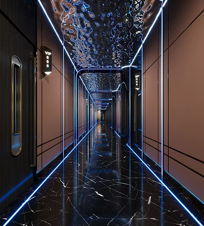 Modern Elevator Corridor With Blue Neon Lights And Marble Floor 3d model