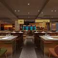 Modern Restaurant Interior Featuring Arranged Dining Tables Comfortable Chairs Warm Lighting And Wall Art