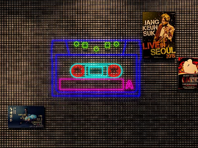 Neon Cassette Tape Wall Decor with Vintage Posters on Dark Grid Background 3d model