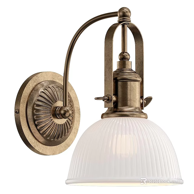 Classic Brass Wall Sconce with Decorative Circular Base Curved Arm and White Ribbed Glass Shade 3d model 