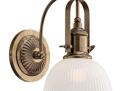 Classic Brass Wall Sconce with Decorative Circular Base Curved Arm and White Ribbed Glass Shade 3d model