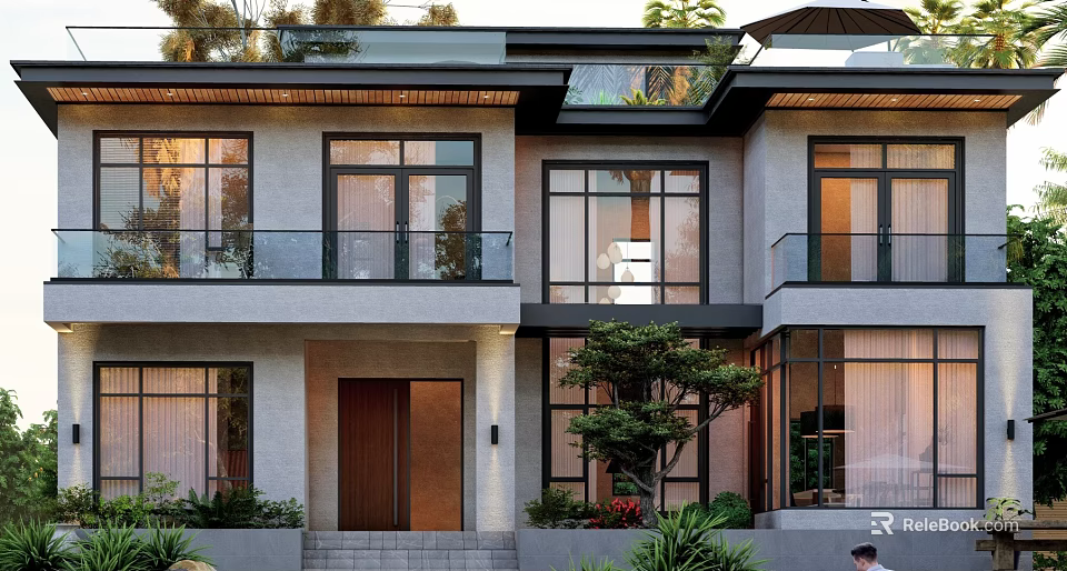 Modern Single Family House Exterior Design With Large Windows Wooden Door And Balcony Green Plants 3d model 