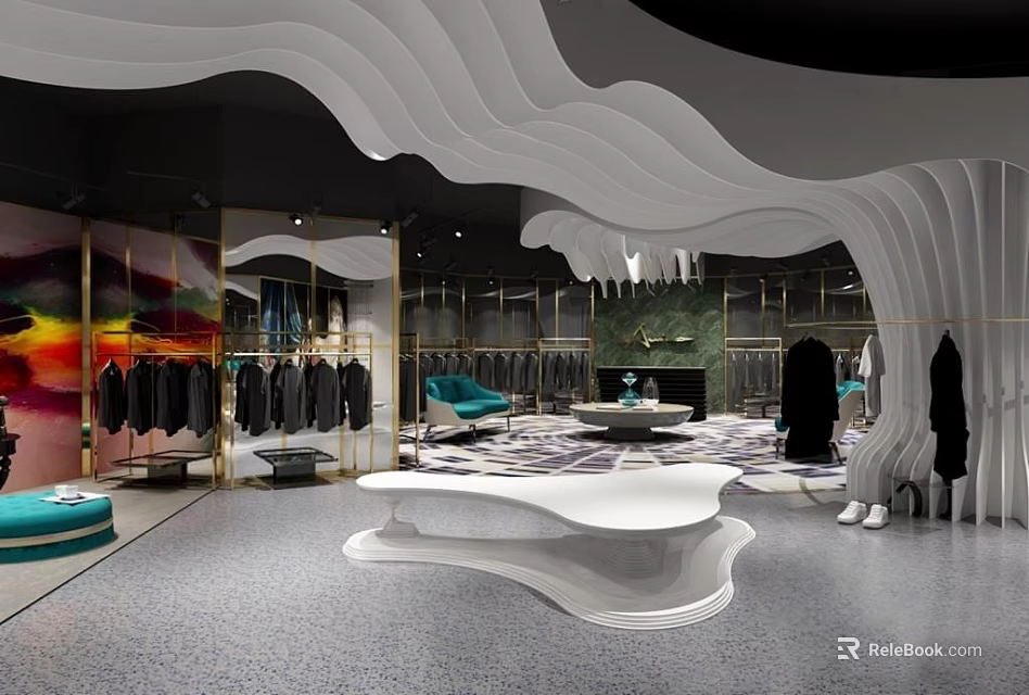 Modern Clothing Store Interior Featuring Wavy White Decor Mirrors Clothing Racks And Sofa 3d model 