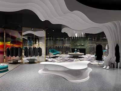 Modern Clothing Store Interior Featuring Wavy White Decor Mirrors Clothing Racks And Sofa 3d model