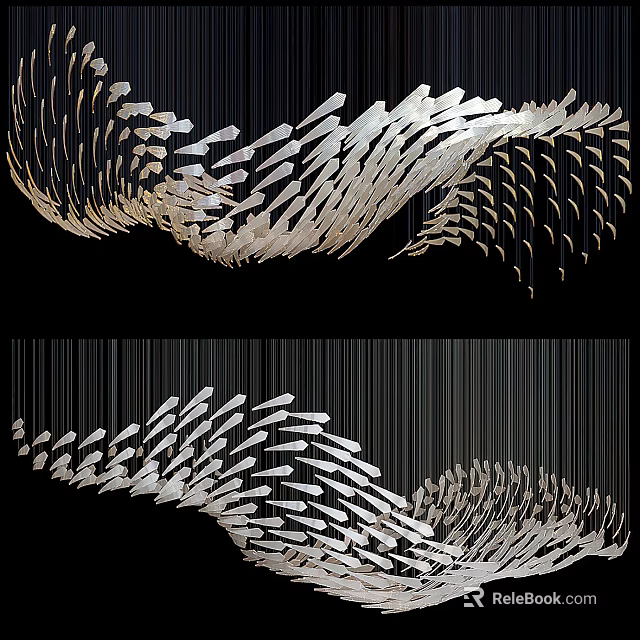 Artistic Modern Chandelier Featuring Flowing Wave Shape Silver Metal Feather Design 3d model 