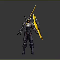 Futuristic Armored Warrior Character With Purple Armor Yellow Sword And Shield
