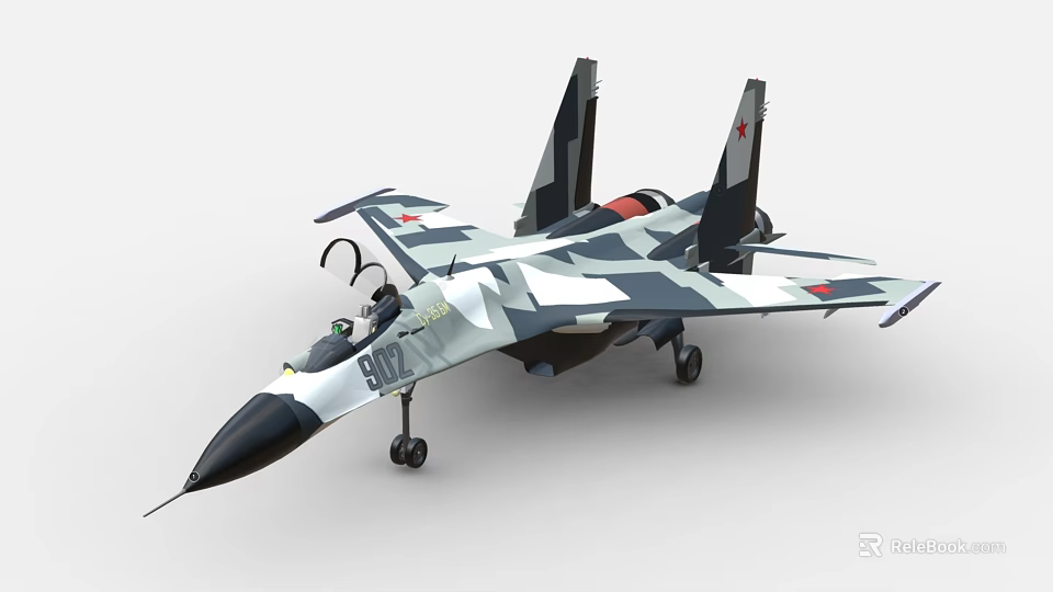 Modern Camouflage Fighter Jet With Red Star Emblem Cockpit and Landing Gear 3d model 