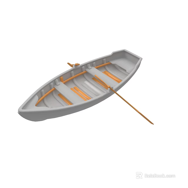 Traditional Small Wooden Boat Featuring Orange Seats And Wooden Oar 3d model 