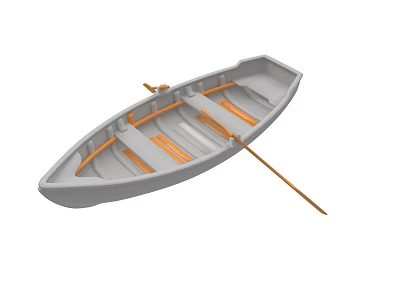 Traditional Small Wooden Boat Featuring Orange Seats And Wooden Oar 3d model