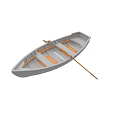 Traditional Small Wooden Boat Featuring Orange Seats And Wooden Oar