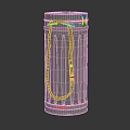 Green Trash Can With Red Strap And Vertical Stripes On Smooth Metallic Surface