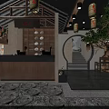Traditional Chinese Restaurant Interior With Wooden Pavilion Carved Screens Red Lanterns And Stone Tile Floor