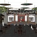 Ancient Architecture Traditional Stage With Hanging Lanterns Oil Paper Umbrellas And Tables Under Night Sky