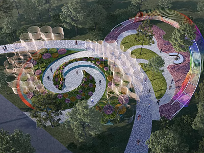 Scenic Park Landscape With Spiral Path Colorful Structures Green Plants And Flowers 3d model