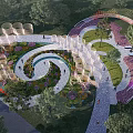 Scenic Park Landscape With Spiral Path Colorful Structures Green Plants And Flowers