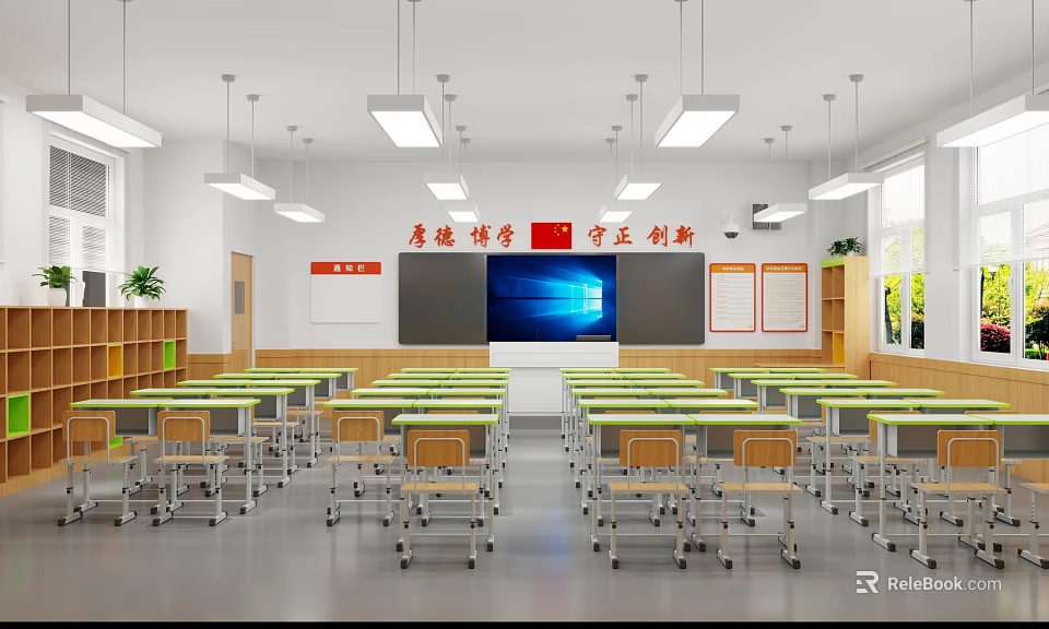 School Classroom Interior With Neat Desks Chairs Blackboard Digital Screen And Slogans 3d model 