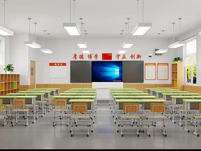 School Classroom Interior With Neat Desks Chairs Blackboard Digital Screen And Slogans 3d model