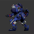 Blue Robot Character With Red Segmented Weapon In Battle Stance And Shiny Armor